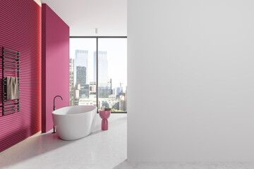 Modern bathroom interior with city view and empty wall for mockup. 3D Rendering