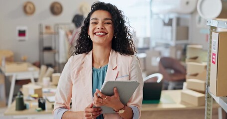 Fashion, designer, and tablet for office e commerce, online shop planning and stock or logistics management. Startup, small business and face of woman on digital technology for courier or boxes order - Powered by Adobe