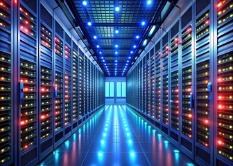Obraz premium High-tech server room with glowing LED lights and rows of data storage servers, showcasing advanced technology, cloud computing, and data center infrastructure