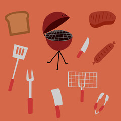 Vector Graphic Illustration of a Collection of Tools for Barbecue Suitable for Posters, Magazines and Banners