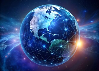 Fototapeta premium Earth with North America in focus, interconnected by glowing network lines, symbolizing global connectivity and technology in a vibrant cosmic space. Perfect for themes of digital communication and gl