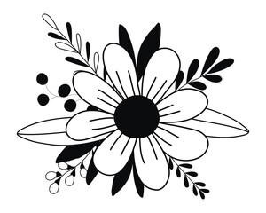Hand drawn doodle branch with flowers and leaves isolated on white background