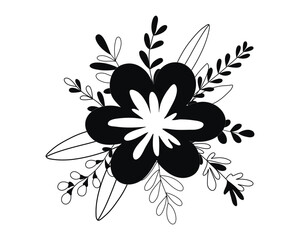 Hand drawn doodle branch with flowers and leaves isolated on white background