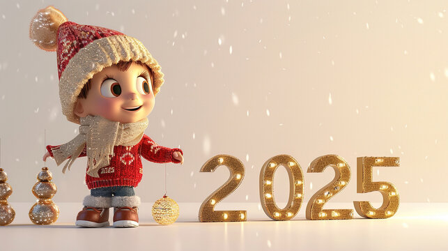 Asian boy cartoon wearing red sweeter and hat with light golden number “2025”, isolated on white background