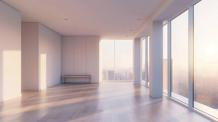 Obraz premium Interior of modern office building, empty place with big window and sunlight from the window.