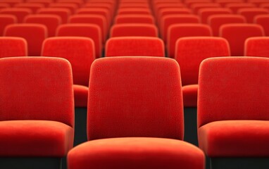 Obraz premium A vivid array of red theater chairs arranged in neat rows, perfect for event promotions and seating designs.