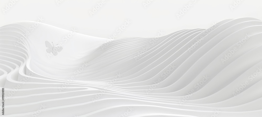 Poster abstract minimalist white background with smooth lines and a delicate butterfly accent