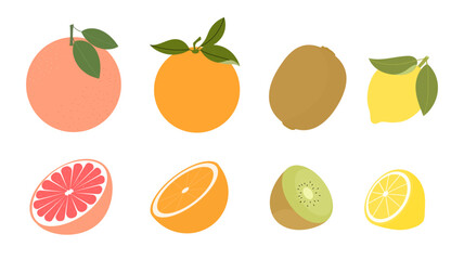 Set of citrus fruits.  Grapefruit, orange fruit, kiwi fruit, lemons. Whole and half sliced sweet fruits. Vector illustration isolated on white background, flat style.