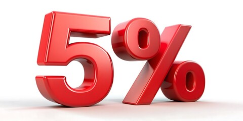 Red 5 percent isolated on white background. Discount fifty percent. 3d render.