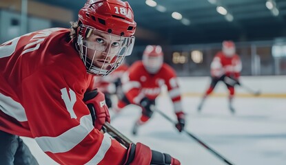 A hockey player with a red uniform playing on an ice rink, focused on his hands and stick in close up, other players far away