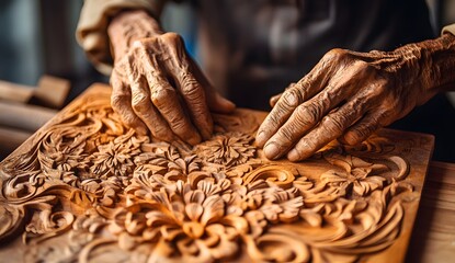 An old man's hands skillfully carving intricate patterns into wood, showcasing traditional craftsmanship and artistry in the process of creating wooden carvings. 