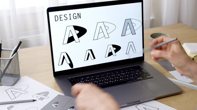 Female artist developing a logo. Sketches of brand designs on a laptop monitor screen.