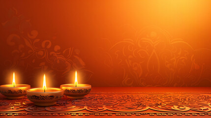 Colorful diyas lit up on a decorative table create a warm atmosphere during the Diwali festival celebration in the evening, copy space