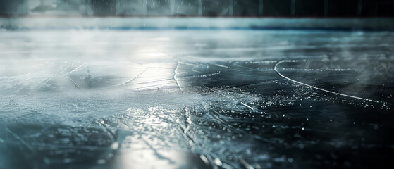 Professional ice rink sport arena.Hockey stadium with spotlights, steam. Ice textured background. Sport banner with copy space. Generative ai.	