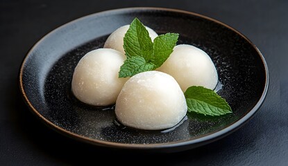 Photo of mochi ice cream with mint leaves on a plate, taken from a top view angle, on an isolated black background, in a studio shot, with high resolution photography.