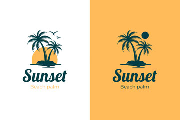 Palm tree island logo design with sunset view in coast concept idea summer vibes vector illustration