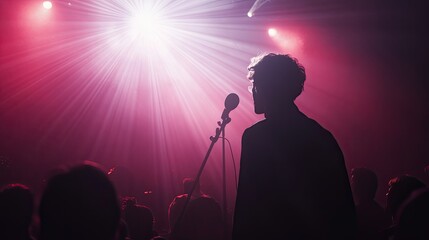 Naklejka premium A dynamic shot of concert-goers silhouetted against intense stage lights, capturing the energy of a live music festival.