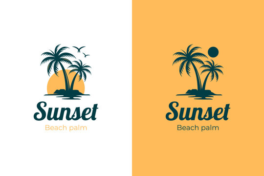 Palm tree island logo design with sunset view in coast concept idea summer vibes vector illustration