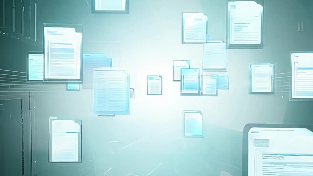 Floating digital files illuminate a modern, high-tech space, showcasing a blend of technology and design.