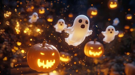 A group of Halloween ghosts floating among glowing pumpkins, with a dark, eerie backdrop.