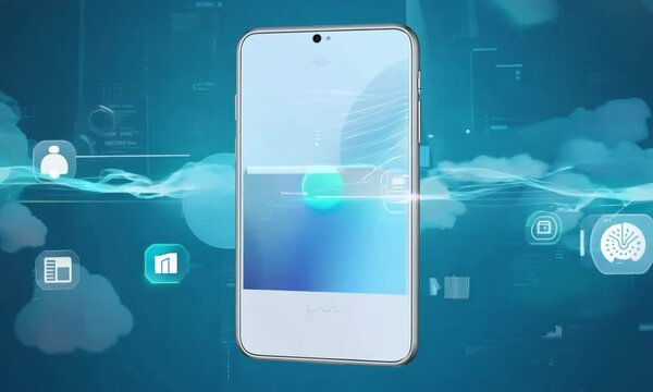 A smartphone showing a cloud icon with various icons flowing out from it representing services and data, such as a file cloud, applications, and photos