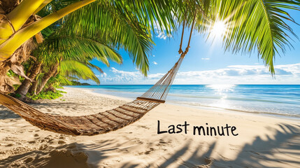 Fototapeta premium Last minute vacation concept: romantic beach with swing hammock and seashore