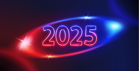 Glowing Neon 2025 on Dark Red and Blue Background. Vector clipart for your holiday projects.