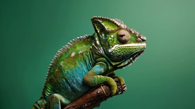 Green chameleon on green background.