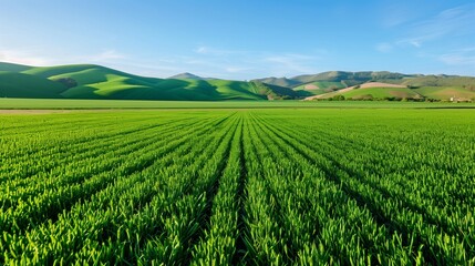 Naklejka premium A vast expanse of lush green fields stretching to the horizon under a clear blue sky, with gently rolling hills in the background.