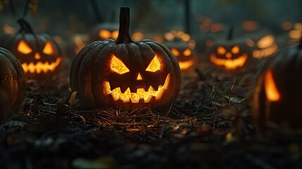 The glowing eyes of Jack O' Lanterns pierce through the darkness, setting the stage for a spooky, horror-filled Halloween night.