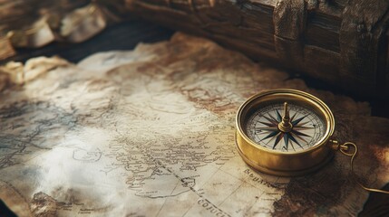 The iconic tools of exploration--an old-world map and a brass compass--representing Columbus Day.