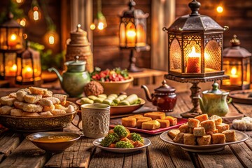 Cozy cafe scene with Eastern sweets and treats spread on a wooden table, surrounded by warm lighting and hanging lanterns, evoking a sense of friendship and community.