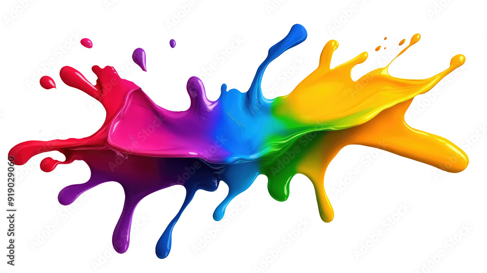 Poster a dynamic splash of vivid rainbow colors spreading across a transparent background, representing vib