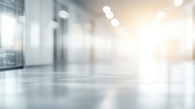 A brightly lit hallway in a modern office building, showcasing polished floors, large windows, and ceiling lights for a bright, open feel.