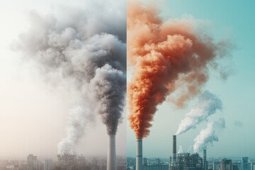 Contrasting Urban Environments: Industrial Smog vs. Green City with Clear Skies - Ozone Layer Protection Concept