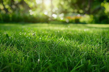 Naklejka premium A field of green grass with the sun shining on it, generative ai.