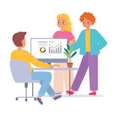 Coworking with Man and Woman at Workspace at Computer Vector Illustration