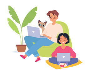 Coworking with Man and Woman at Workspace at Computer Vector Illustration