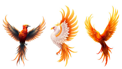 Three phoenix birds, three styles. Generative AI illustration