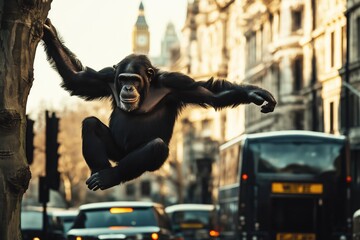 A photo of a chimpanzee swinging through the trees in London. Demonstrating concepts including urban wildlife, habitat loss, urbanisation, adaptation, nature and civilisation, wildness and modernity.