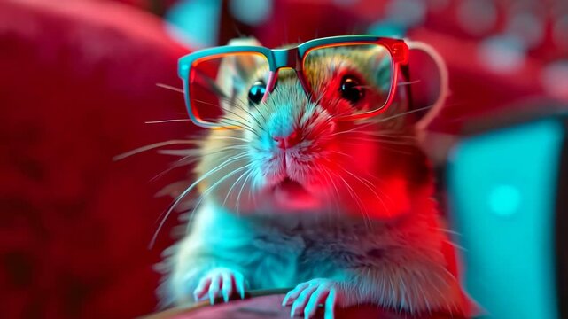 A hamster wearing glasses is looking at the camera. The image has a playful and lighthearted mood, as the hamster is dressed up in a funny outfit