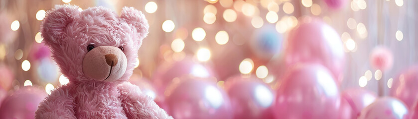 Fototapeta premium Plush pink teddy bear, surrounded by soft pastel balloons and subtle bokeh lights in the background. Ideal for children's toy advertisements, nursery decorations, or gift promotions.