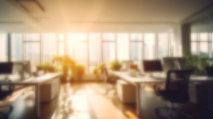 A modern open space office environment flooded with natural sunlight from large windows, featuring desks and office equipment, embodying productivity.