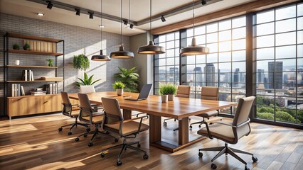 Modern loft-style office with minimalist decor and large windows, featuring a sleek wooden presentation table and ergonomic chairs, perfect for business meetings.