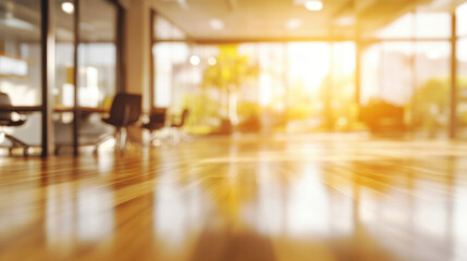 Obraz premium An office space with beautiful sun-drenched wooden floors, large glass windows, modern furnishings, and a bright, motivating environment conducive to work.