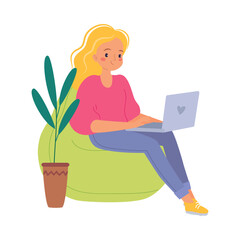 Coworking with Woman Character at Workspace at Laptop Vector Illustration