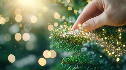 A close-up of a hand decorating a Christmas tree with a shimmering garland, creating a festive and warm ambiance.
