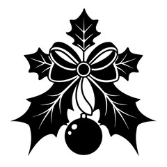 Christmas decoration with holly and ribbons border silhouette vector illustration