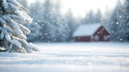A serene winter scene featuring a snow-covered landscape, a frosty tree, and a charming red cabin in the background.