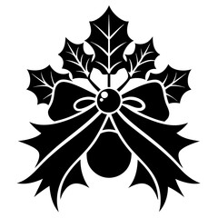 Christmas decoration with holly and ribbons border silhouette vector illustration